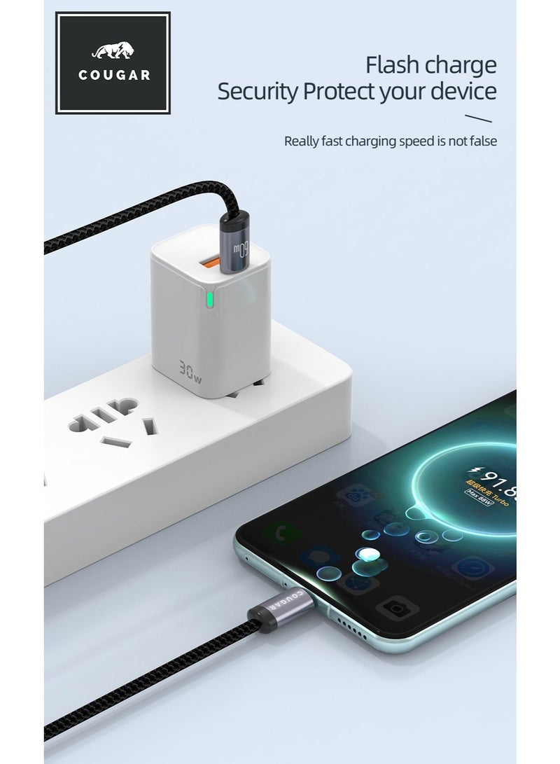 Cougar 60W USB-C to USB-C Cable, Type-C Fast Charging Cable with 480Mbps Data Transfer, Nylon Braided Cord and Aluminium Alloy Connectors for USB-C Smartphones, Tablets and Laptops, 1m, Black - Image 3