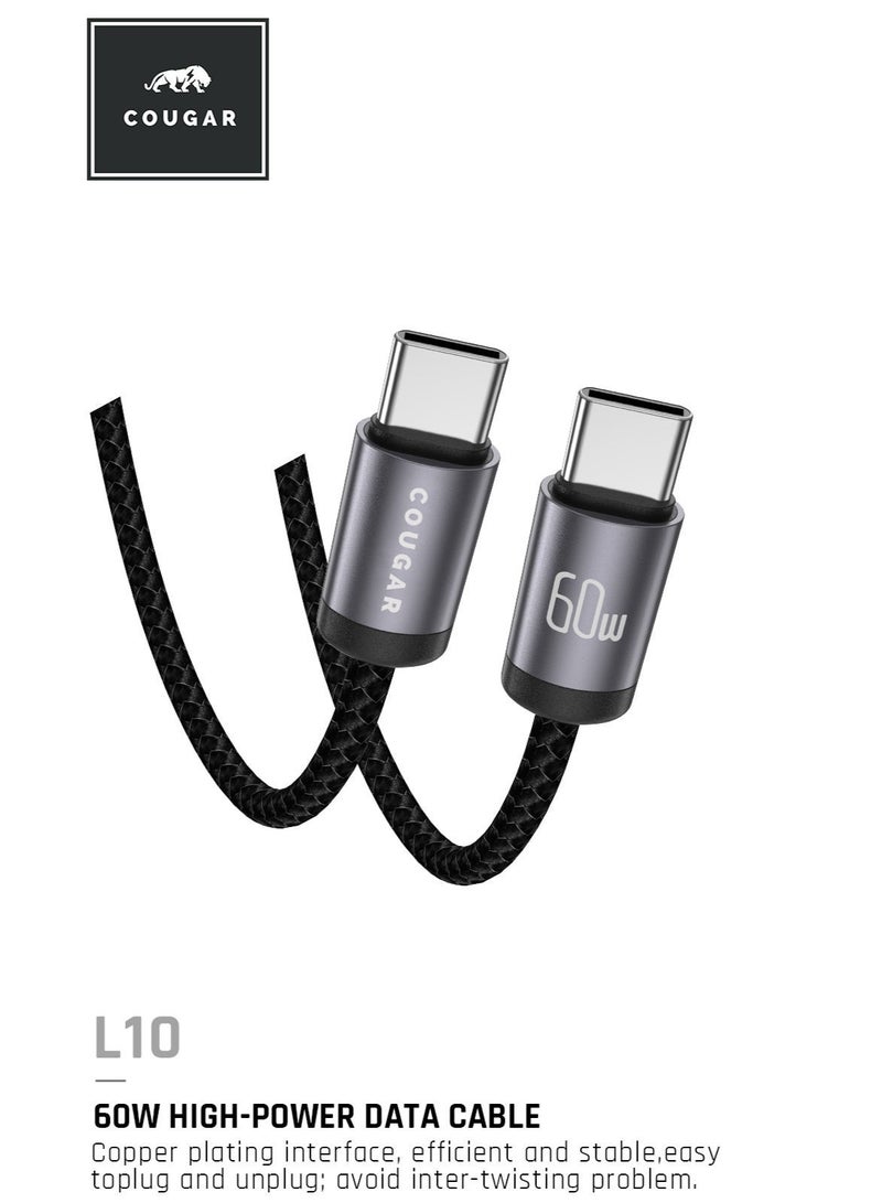 Cougar 60W USB-C to USB-C Cable, Type-C Fast Charging Cable with 480Mbps Data Transfer, Nylon Braided Cord and Aluminium Alloy Connectors for USB-C Smartphones, Tablets and Laptops, 1m, Black - Image 1