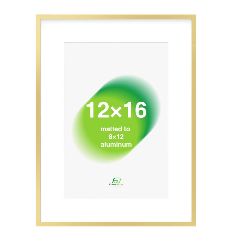 FrameWorks 12x16 Matted to 8x12 Picture Frame  Aluminum Frame wTempered Glass Removable Mat for Photos Posters Art Stylish Wall Frame for Home Decor Gallery Walls Office Living Room  Gold