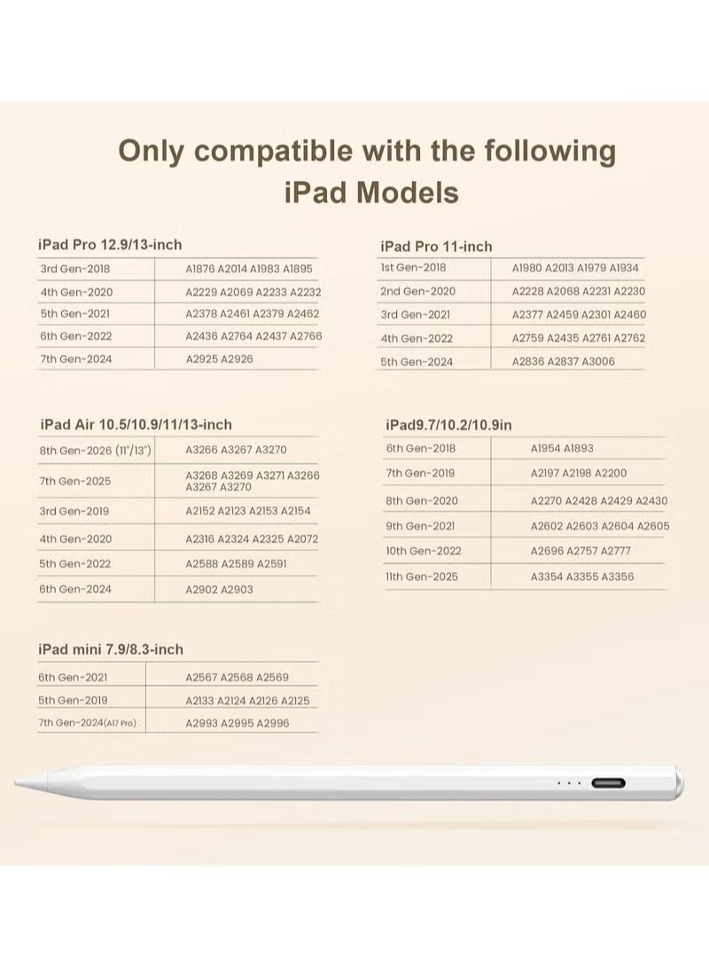 ZAVVY iPad Stylus Pen Smart Pencil Compatible with iPad 2018–2026 (Supports 11th Gen, iPad A16, 10th, 9th, 8th, 7th, 6th, iPad Pro, iPad Air, iPad Mini) – Palm Rejection, -Smooth & Precise Writing – Fast Charging USB-C – Long Battery Life – Includes 2 Extra Tips – iPad Only (Not Compatible with Android Devices like Huawei & Honor) - Image 2