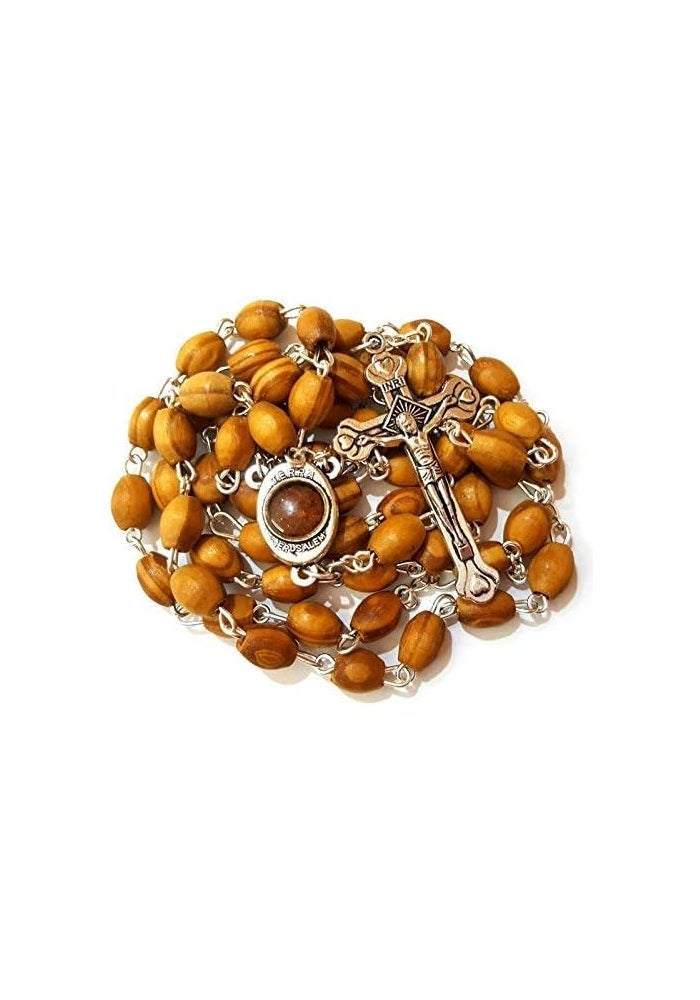 Mandala Crafts Olive Wood Rosary Necklace with Holy Soil Medal & Metal Cross