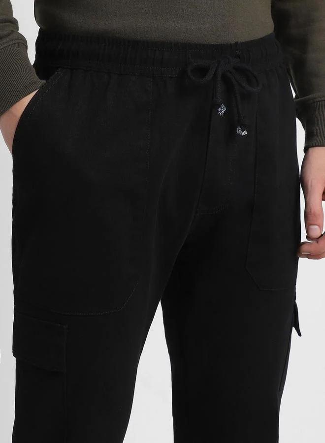 دينيس لينغو Slim Fit Black Men's Cotton Lycra Solid Cargo Trouser, Mid Rise, Full Length, Casual,