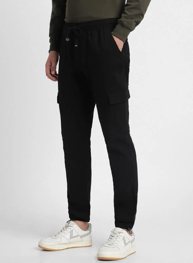 دينيس لينغو Slim Fit Black Men's Cotton Lycra Solid Cargo Trouser, Mid Rise, Full Length, Casual,