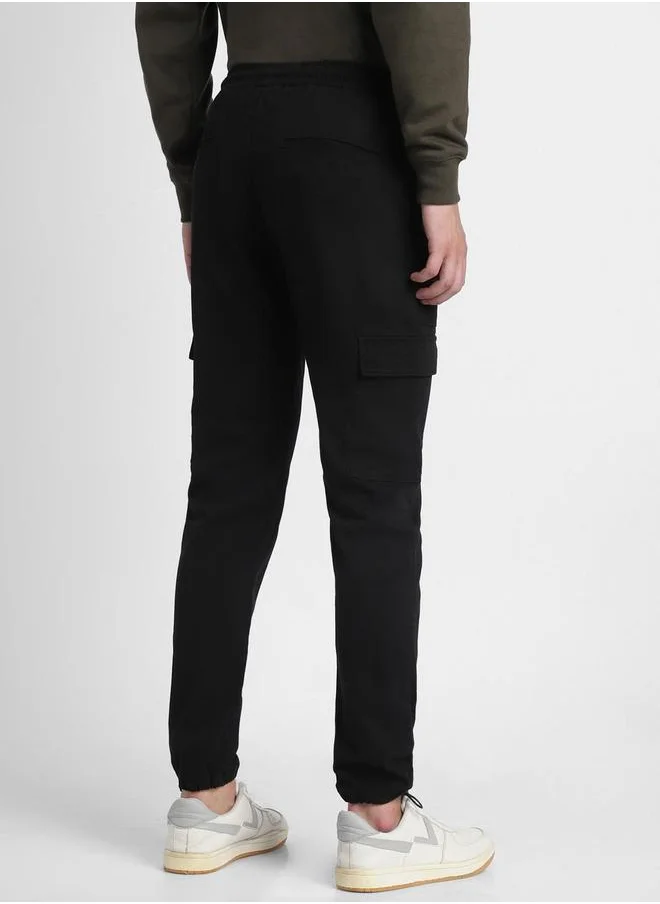 دينيس لينغو Slim Fit Black Men's Cotton Lycra Solid Cargo Trouser, Mid Rise, Full Length, Casual