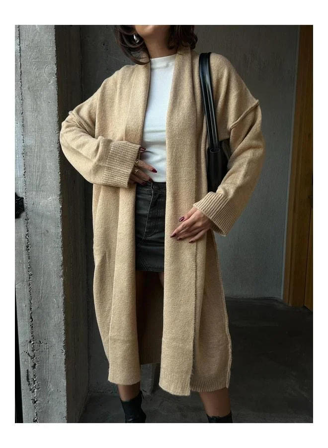 mina aise Vizon Dirty Stitch Detailed Long Oversize Soft Knit Cardigan 26257