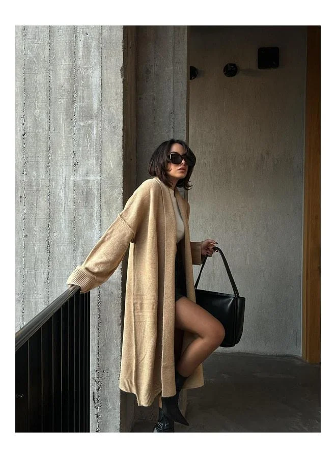 mina aise Vizon Dirty Stitch Detailed Long Oversize Soft Knit Cardigan 26257