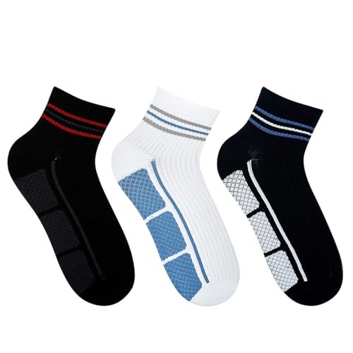 BALENZIA SocksXpress Men's Cushioned High Ankle Sports/Gym Socks (Free Size) Made with 100% Cotton & Spandex. Pack of 3 (Multicolour) | Terry/Towel Ankle Socks for Men. - Image 1