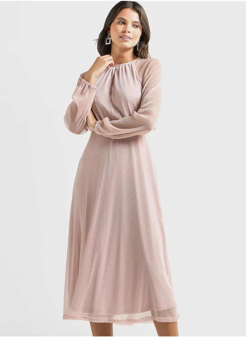 FAV Shimmer Detail Midi A-Line Round Neck Dress With Long Sleeves