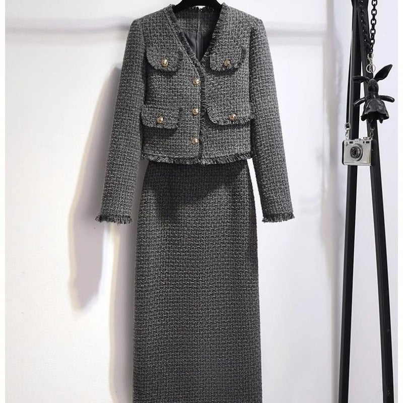 2024 Spring and Autumn New Style Chanel Style Dress Two-piece Slimming Tassel Design Skirt Rear Split Two-piece Set Gray suit [jacket + skirt]