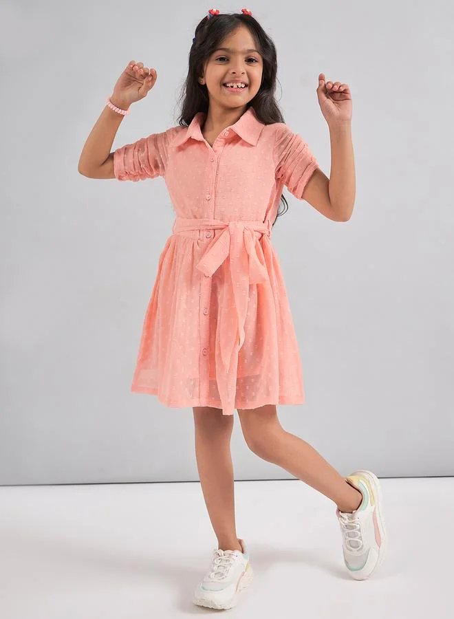 Stylo Bug Girls Peach Textured Ruched Sleeve Dress