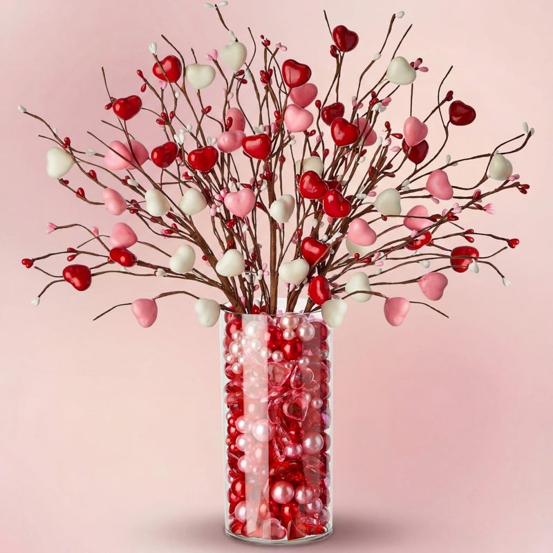 Giegxin 187 Pcs Valentines Decorations Artificial Hearts Flowers Berry Stems Gifts, Vase Fillers Red and Pink Valentine Heart Shaped Filler for Wedding Anniversary Vase Filler Party Decor - Image 1