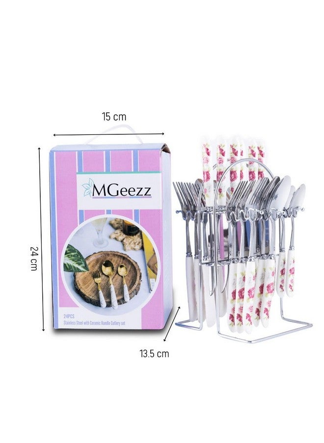 MGeezz Stainless Steel Spoons, Forks & Knives Set of 24 with Stand and Ceramic Handle (Pink Rose) - Image 4