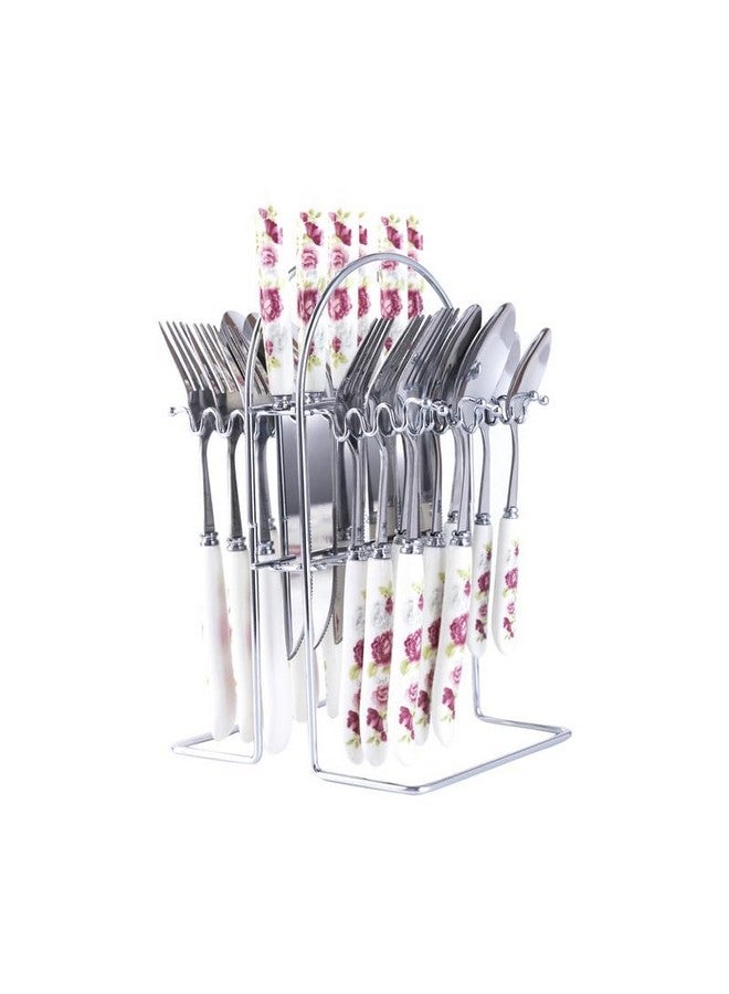 MGeezz Stainless Steel Spoons, Forks & Knives Set of 24 with Stand and Ceramic Handle (Pink Rose) - Image 1
