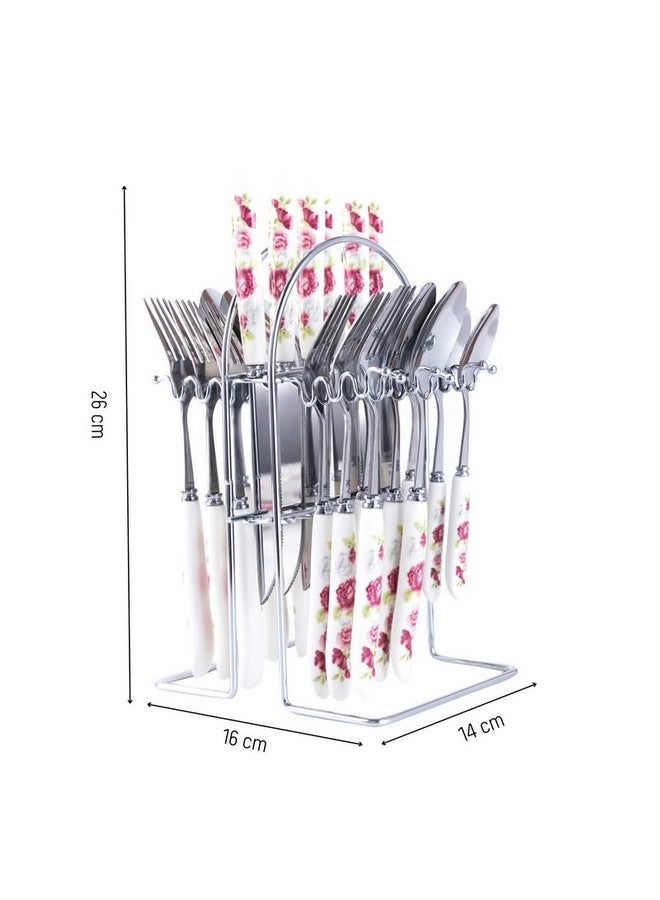 MGeezz Stainless Steel Spoons, Forks & Knives Set of 24 with Stand and Ceramic Handle (Pink Rose) - Image 2