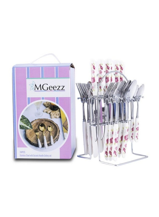 MGeezz Stainless Steel Spoons, Forks & Knives Set of 24 with Stand and Ceramic Handle (Pink Rose) - Image 3