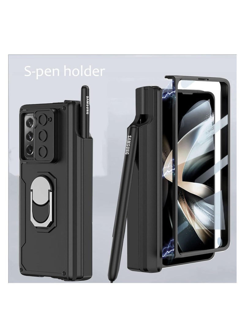 Compatible with Samsung Galaxy Z Fold 6 Case with Sliding Camera Cover and Pen Holder [Pen Not Included], Built-in Front Screen Protector, Magnetic Hinge Case with Ring Stand