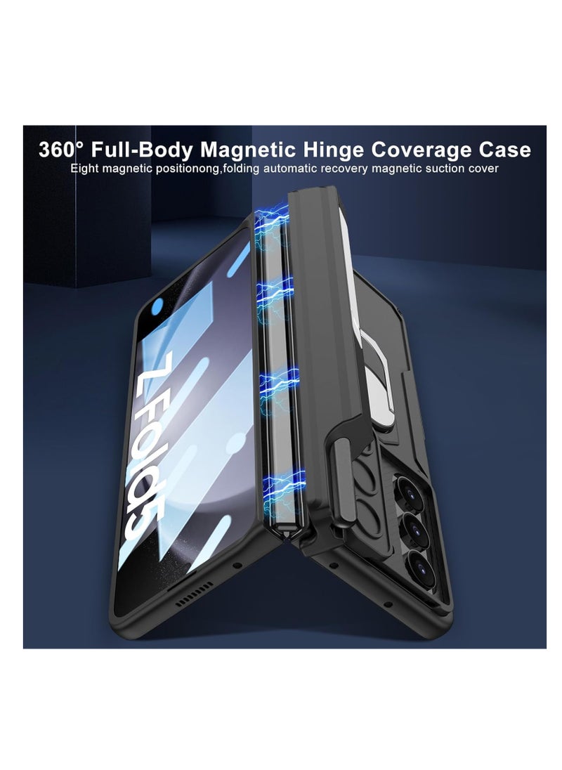 Compatible with Samsung Galaxy Z Fold 6 Case with Sliding Camera Cover and Pen Holder [Pen Not Included], Built-in Front Screen Protector, Magnetic Hinge Case with Ring Stand