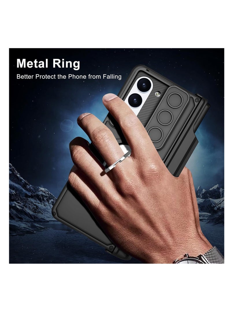 Compatible with Samsung Galaxy Z Fold 6 Case with Sliding Camera Cover and Pen Holder [Pen Not Included], Built-in Front Screen Protector, Magnetic Hinge Case with Ring Stand