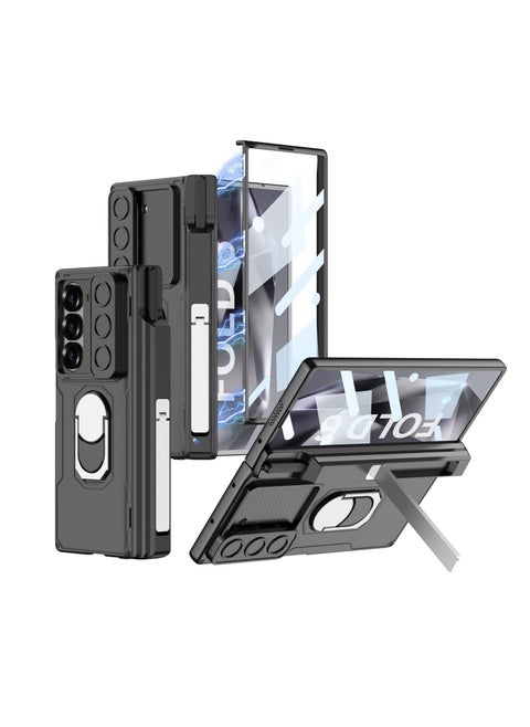 Compatible with Samsung Galaxy Z Fold 6 Case with Sliding Camera Cover and Pen Holder [Pen Not Included], Built-in Front Screen Protector, Magnetic Hinge Case with Ring Stand