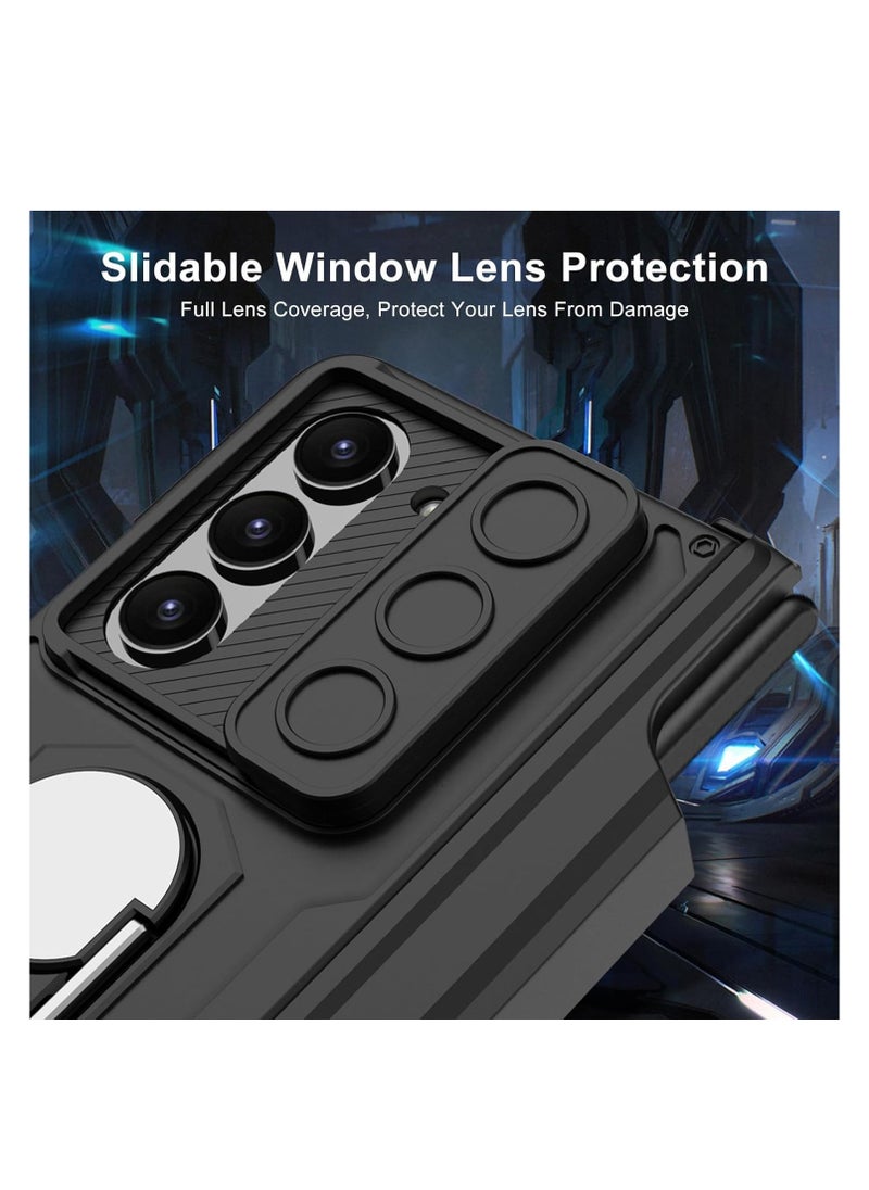 Compatible with Samsung Galaxy Z Fold 6 Case with Sliding Camera Cover and Pen Holder [Pen Not Included], Built-in Front Screen Protector, Magnetic Hinge Case with Ring Stand