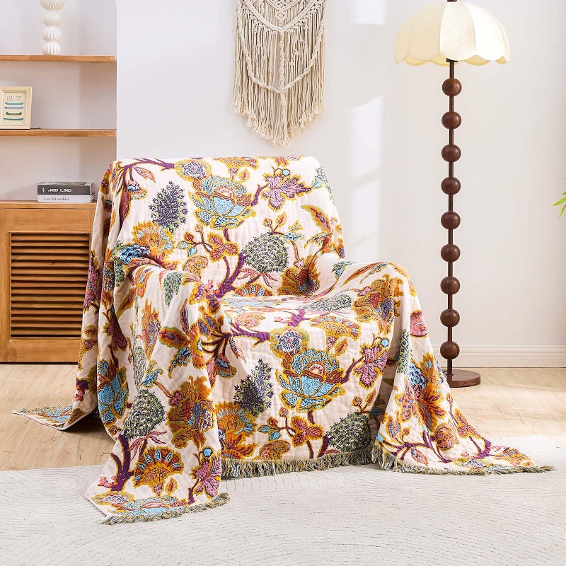 XIBLC Boho Throw Blanket for Bed, 100% Cotton Soft Rustic Quilt Fall Blanket, 50"x60" Floral Printed Farmhouse Decor Bed Blankets, All Season Rustic Reversible Bohemian Throw Quilt - Image 2