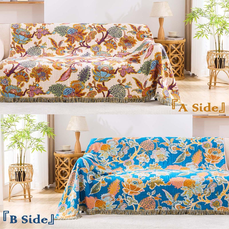XIBLC Boho Throw Blanket for Bed, 100% Cotton Soft Rustic Quilt Fall Blanket, 50"x60" Floral Printed Farmhouse Decor Bed Blankets, All Season Rustic Reversible Bohemian Throw Quilt - Image 4