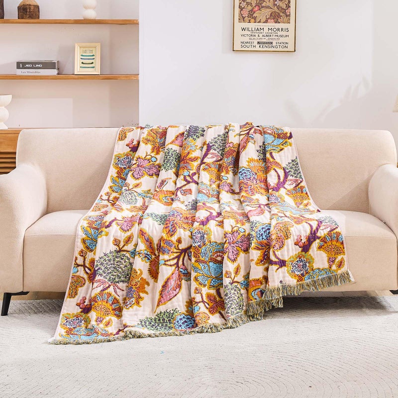 XIBLC Boho Throw Blanket for Bed, 100% Cotton Soft Rustic Quilt Fall Blanket, 50"x60" Floral Printed Farmhouse Decor Bed Blankets, All Season Rustic Reversible Bohemian Throw Quilt - Image 3