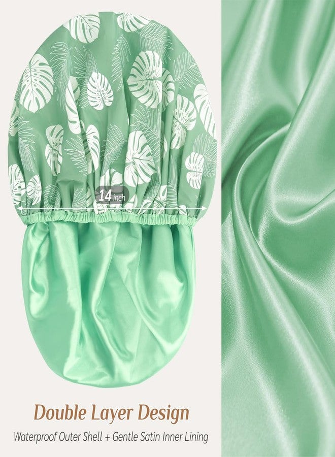 Supaze Extra Large Waterproof Shower Cap for Women, Double Layer Satin Lined Hair Bonnet for Curly Hair, Reusable Bath Cap with Elastic Edge for Long Thick Hair (Green floral) - Image 2