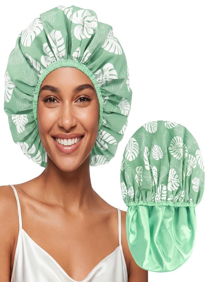 Supaze Extra Large Waterproof Shower Cap for Women, Double Layer Satin Lined Hair Bonnet for Curly Hair, Reusable Bath Cap with Elastic Edge for Long Thick Hair (Green floral) - Image 1