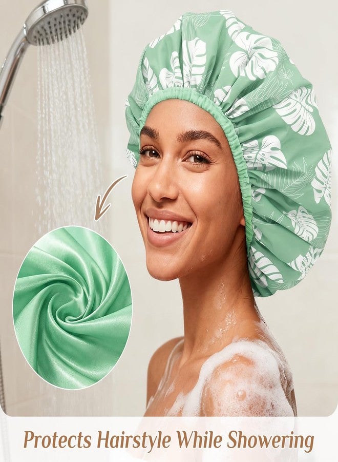 Supaze Extra Large Waterproof Shower Cap for Women, Double Layer Satin Lined Hair Bonnet for Curly Hair, Reusable Bath Cap with Elastic Edge for Long Thick Hair (Green floral) - Image 3