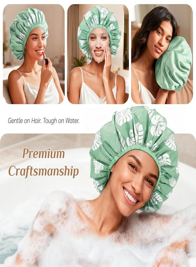 Supaze Extra Large Waterproof Shower Cap for Women, Double Layer Satin Lined Hair Bonnet for Curly Hair, Reusable Bath Cap with Elastic Edge for Long Thick Hair (Green floral) - Image 4