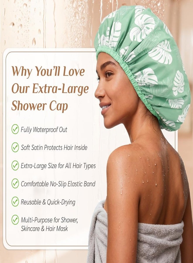 Supaze Extra Large Waterproof Shower Cap for Women, Double Layer Satin Lined Hair Bonnet for Curly Hair, Reusable Bath Cap with Elastic Edge for Long Thick Hair (Green floral) - Image 5