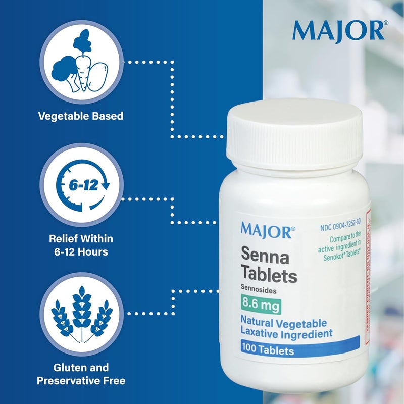 MAJOR Senna 8.6 mg Natural Vegetable Laxative Tablets - Made with Sennosides - Promotes Occasional Constipation Relief - 100 Tablets - Image 3