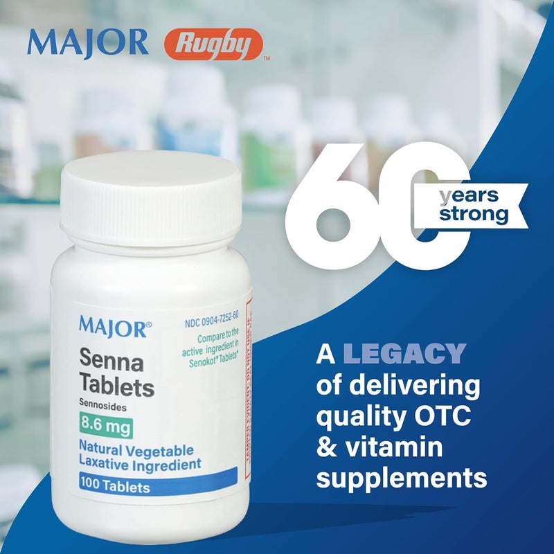 MAJOR Senna 8.6 mg Natural Vegetable Laxative Tablets - Made with Sennosides - Promotes Occasional Constipation Relief - 100 Tablets - Image 1