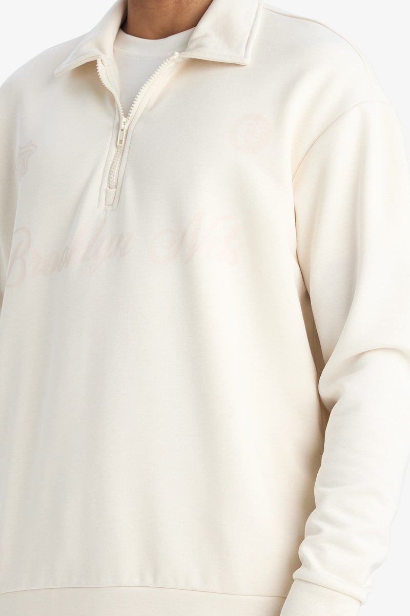 DeFacto Beige Man Relax Fit Polo Neck Half Zippered Modal Sweatshirt Casual - Image 4
