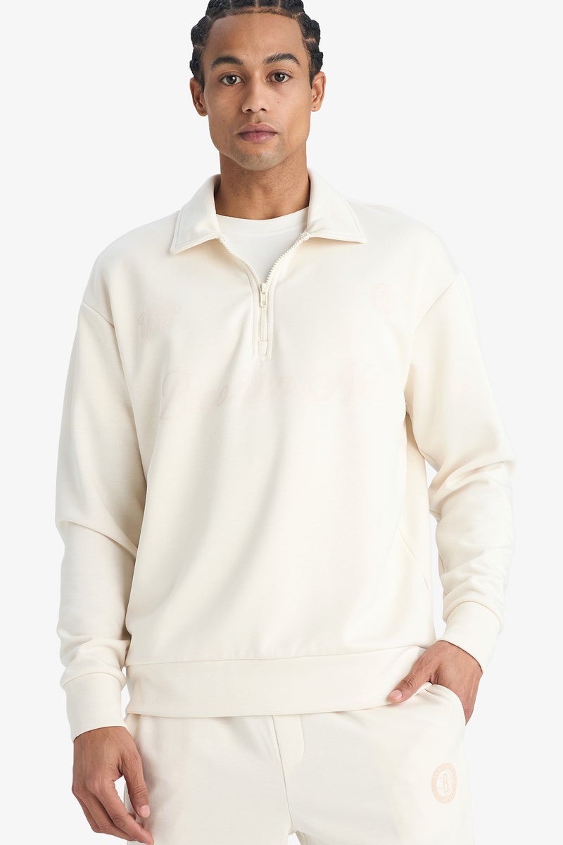 DeFacto Beige Man Relax Fit Polo Neck Half Zippered Modal Sweatshirt Casual - Image 1