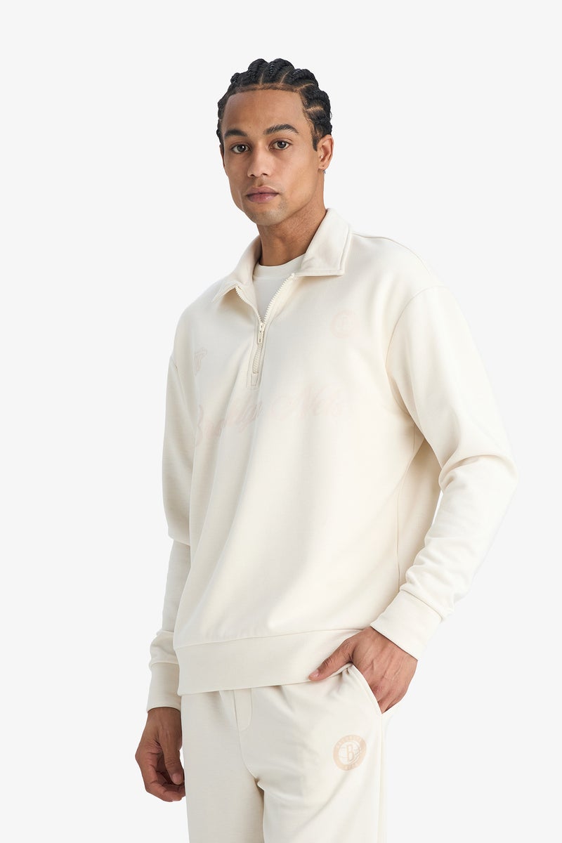 DeFacto Beige Man Relax Fit Polo Neck Half Zippered Modal Sweatshirt Casual - Image 3