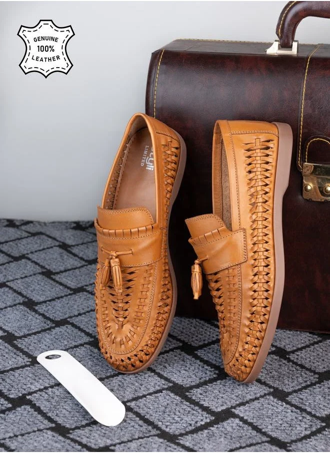 Styli Genuine Leather Handmade Woven Loafers