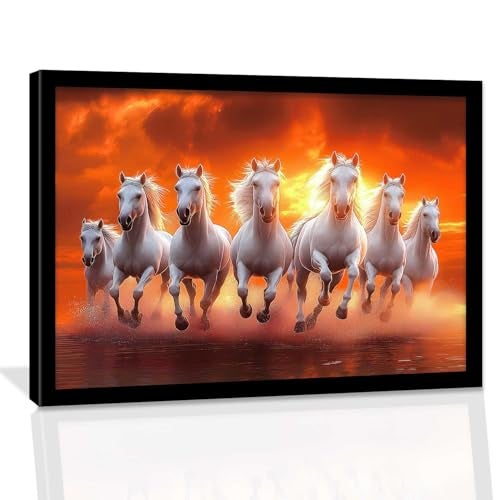 kotart Seven Running Vastu Lucky Horse | 7 Horses Vastu Frame Wall Art Painting for Living Room Bedroom Office Home Décor Rising Sun Painting Wall Décor Size 10x13 inch - Image 1