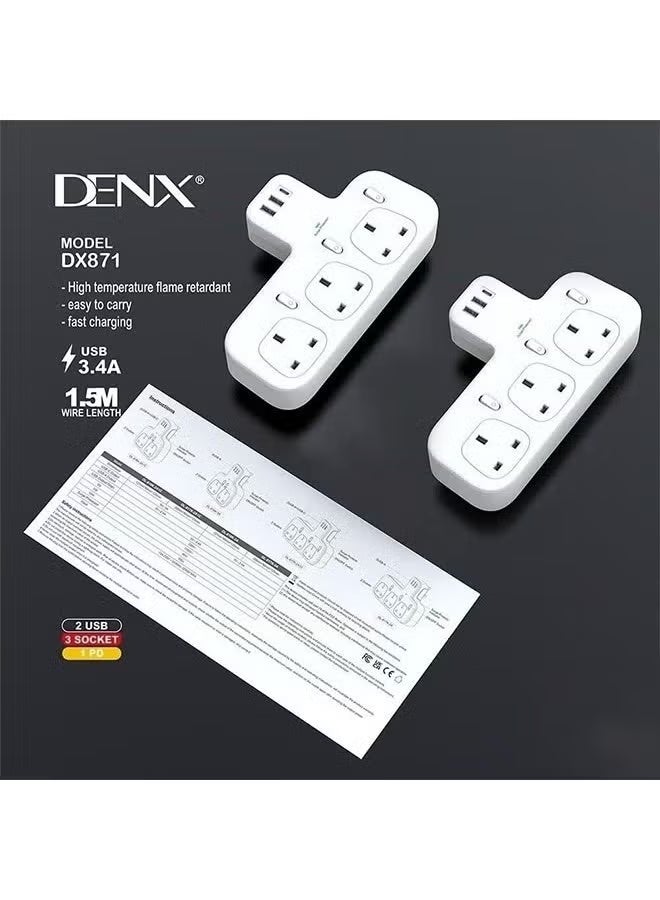 Denx Wall Power Strip with 3 Triple Outlets, 2 USB Ports & PD Fast-Charge Port | Surge Protection & Multi-Device Charging Hub | Compact Home and Office Power Solution - Image 1