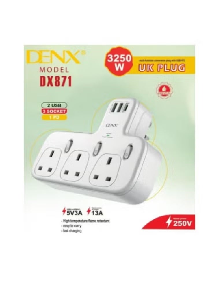 Denx Wall Power Strip with 3 Triple Outlets, 2 USB Ports & PD Fast-Charge Port | Surge Protection & Multi-Device Charging Hub | Compact Home and Office Power Solution - Image 3