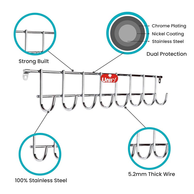 Unify Combo 2 Pieces Stainless Steel Cloth Hanger for Wall 8 Hooks, Door Mounted Hook Rail, Wall Hook, Towel Hooks, Bathroom Hanger, Kitchen Tools Hanging, Big (22 Inch) (Silver, Pack of 2) - Image 4