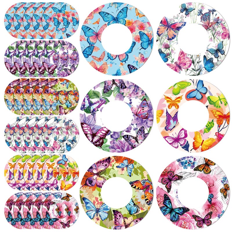 لصقات لاصقة فريدة 36 عبوة لجهاز Libre 2 بتصميم فراشة لصقات CGM مقاومة للماء أغطية CGM مقاومة للعرق ملونة لحماية جهاز مراقبة الجلوكوز غلاف خلفي مقسم لاصق