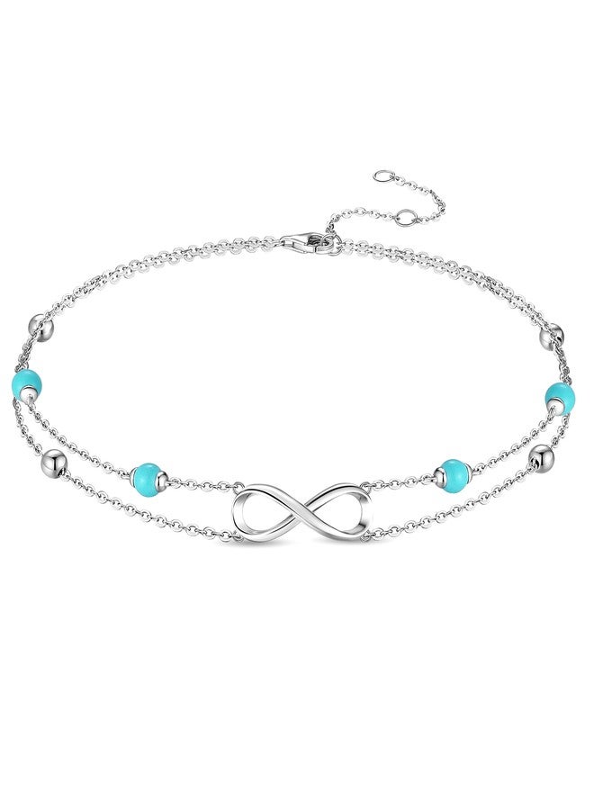 FANCIME Ankle Bracelets For Women, 925 Sterling Silver Infinity Layered Anklet Adjustable Turquoise Beaded Chain Beach Jewelry Gifts for Women - Image 1
