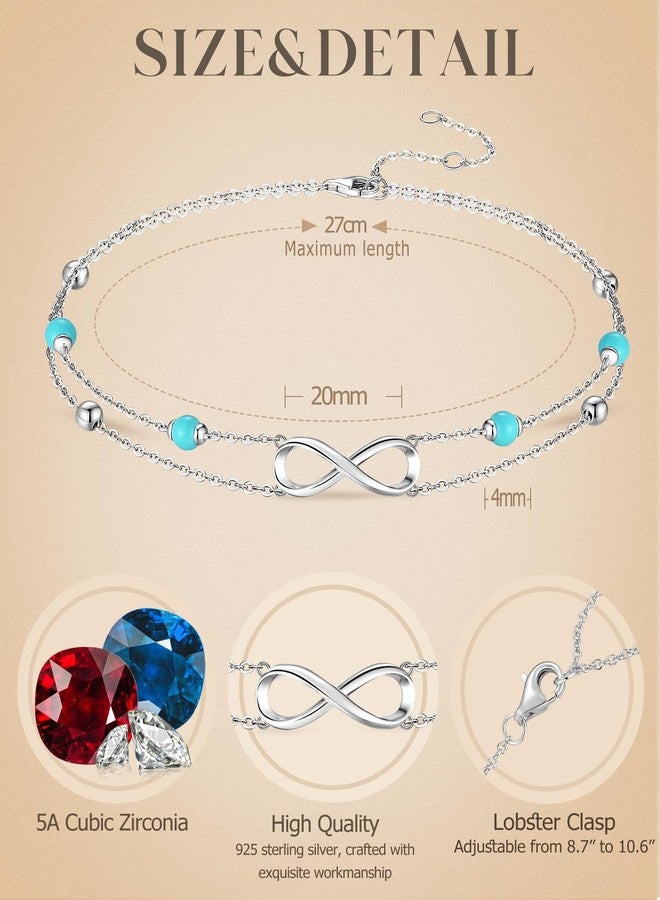 FANCIME Ankle Bracelets For Women, 925 Sterling Silver Infinity Layered Anklet Adjustable Turquoise Beaded Chain Beach Jewelry Gifts for Women - Image 4