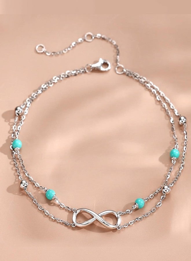 FANCIME Ankle Bracelets For Women, 925 Sterling Silver Infinity Layered Anklet Adjustable Turquoise Beaded Chain Beach Jewelry Gifts for Women - Image 3