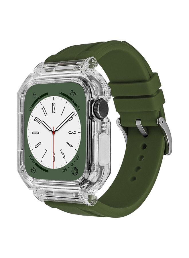 HuHa Protective Cover Crystal Clear Polycarbonate Case Silicone Watch Band For Apple Watch Series 8&7 45mm / SE 2&6&SE&5&4 44mm / 3&2&1 42mm(Army Green)