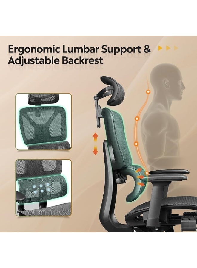 Comfortable office chair with a high mesh back and footrest, adjustable recline, headrest and lumbar support, SGS Class 4 gas lift, BIFMA certified, 181 kg load capacity, black - Image 4