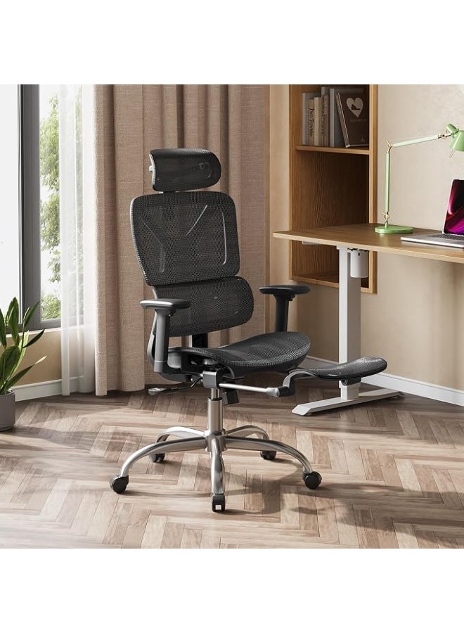Comfortable office chair with a high mesh back and footrest, adjustable recline, headrest and lumbar support, SGS Class 4 gas lift, BIFMA certified, 181 kg load capacity, black - Image 2