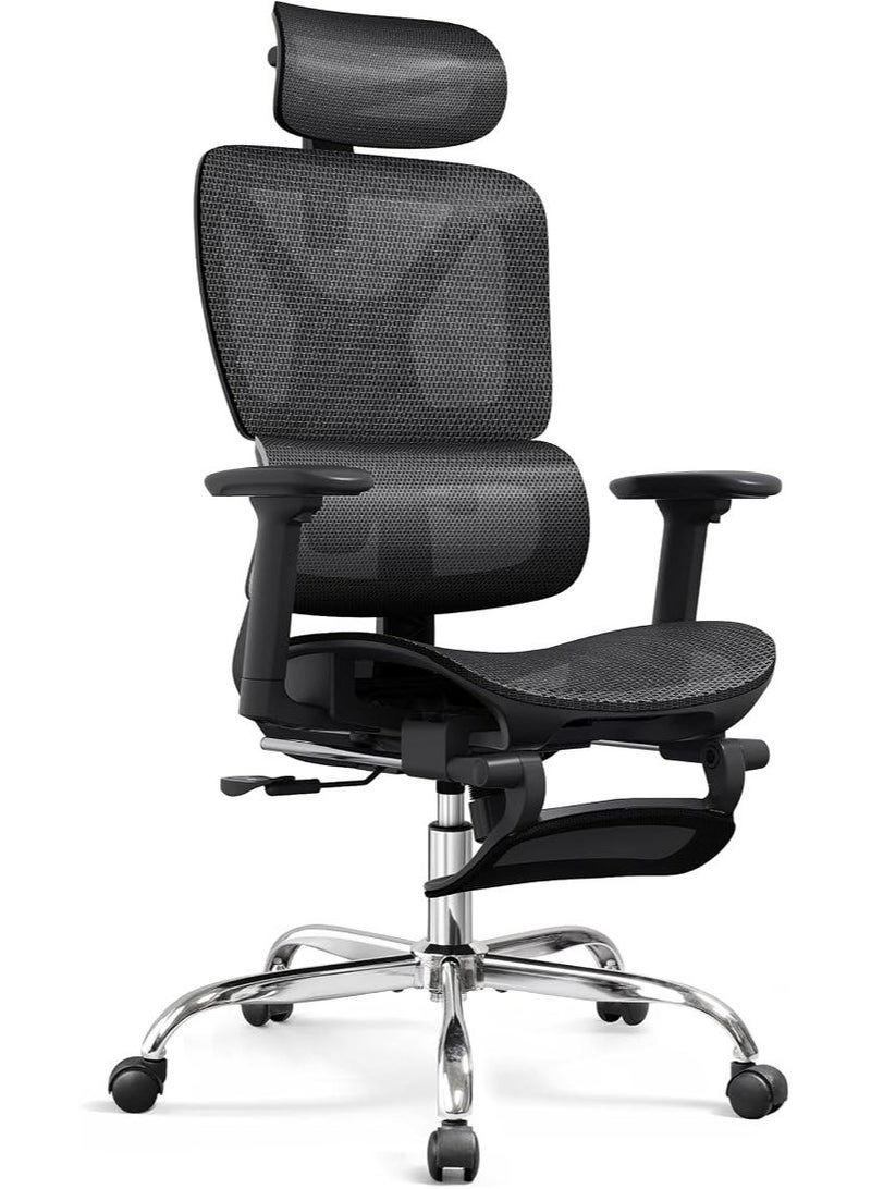 Comfortable office chair with a high mesh back and footrest, adjustable recline, headrest and lumbar support, SGS Class 4 gas lift, BIFMA certified, 181 kg load capacity, black - Image 1
